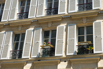 typical french balconies in Paris with flowers