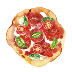Italian traditional small pizza fritta with mozzarella, basil, pepperoni and tomatoes. Watercolor hand painted illustration isolated on white background for menu design, print, social media.
