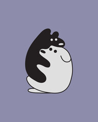 Hugs illustration in black and violet color. Animals hug each other. Minimalism