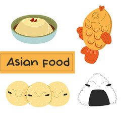 Set of delicious four asian dishes Cold rice cake Taiyaki Sesame balls Onigiri. Vector stock illustration isolated on white background. Flat style