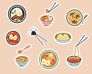 Cute sticker pack with traditional asian food. Vector stock illustration on pink background in flat style