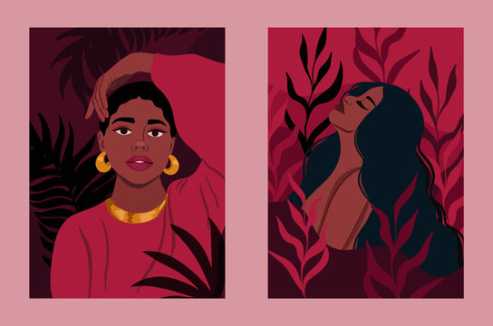 Viva magenta trending color of 2023. Vector posters with beautiful black woman