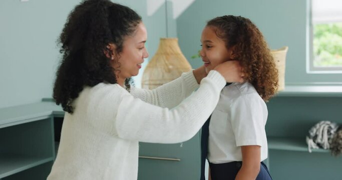 Black Family, Education And Uniform With A Mother And Daughter Getting Ready For School In The Living Room Of Their Home Together. Children, Student And Study With A Woman And Girl Excited To Learn