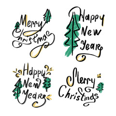 Set of calligraphic inscriptions. Happy New Year and Merry Christmas. Beautiful black font with swirls and colored elements. Vector