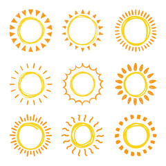 Set of doodle suns sketch, hand drawn style
