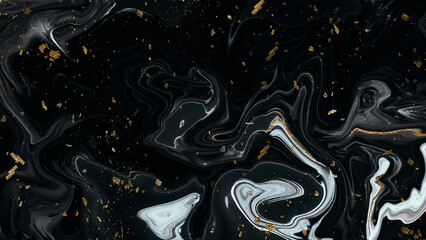 Luxury background with abstract black ink wave and golden splashes. Imitation marble stone cut, glowing golden vein, particle. Black agate texture. Dark marble natural pattern. Premium marbled surface