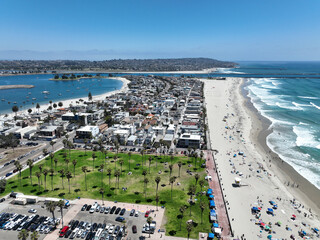 Aerial view of Mission Bay and beach in San Diego, California. USA. Famous tourist destination