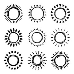 Set of doodle suns sketch, hand drawn style