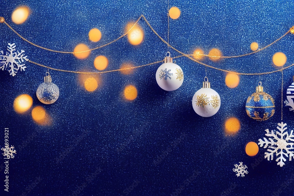 Poster a blue background with christmas ornaments and lights on it and a snowflake on the left side of the 