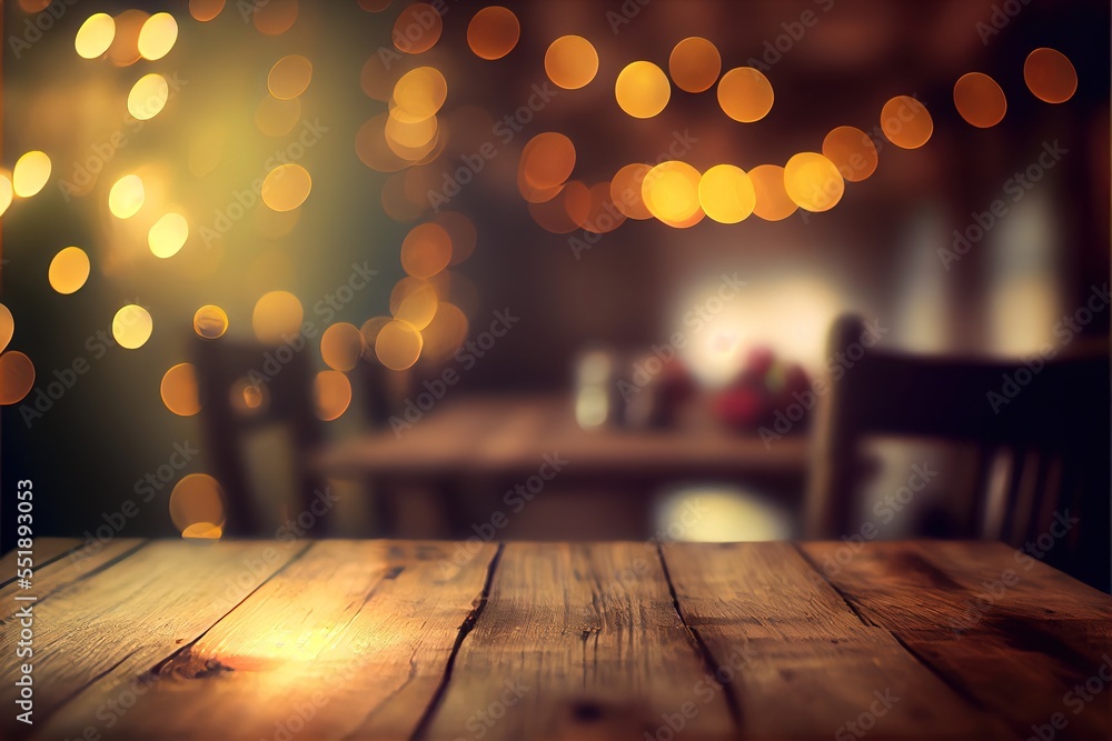 Aufkleber a wooden table with a blurry background of lights in the background and a table top with a wooden ta