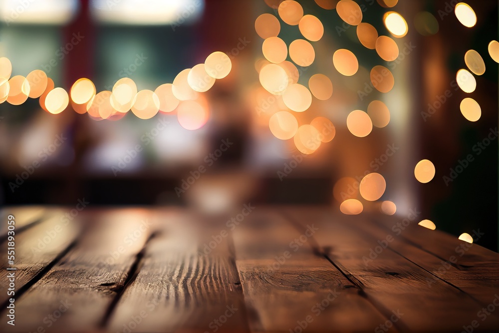 Poster a wooden table with a blurry background of lights in the background of the table top and the table. 