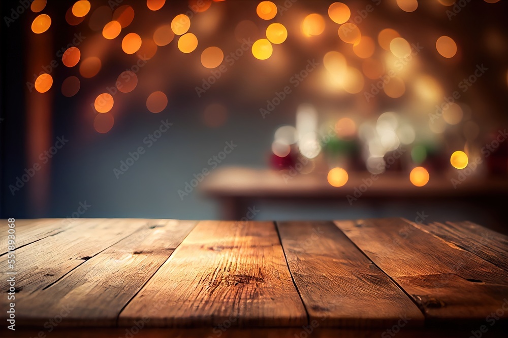 Aufkleber a wooden table with a blurry background of lights in the background and a table top with a wooden ta