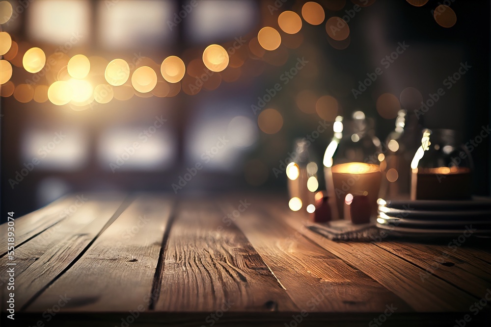 Poster a wooden table topped with a plate and cups filled with drinks and candles next to a window with lig