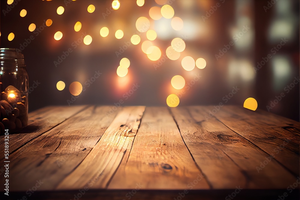 Poster a wooden table with a jar of candles on it and a string of lights in the background of the table. ge