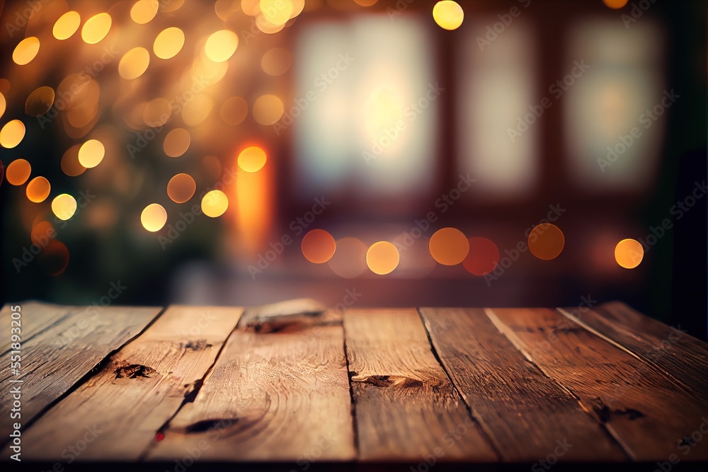 Aufkleber a wooden table with a blurry background of lights in the background of a window and a christmas tree