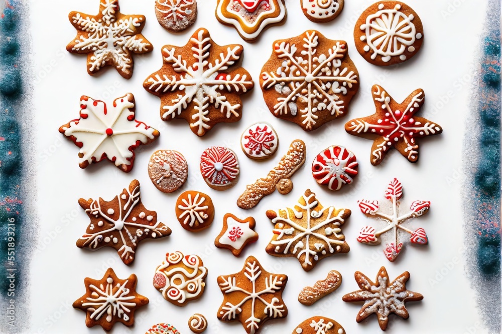 Poster a white plate topped with lots of different types of cookies and cookies cutters on top of it's side