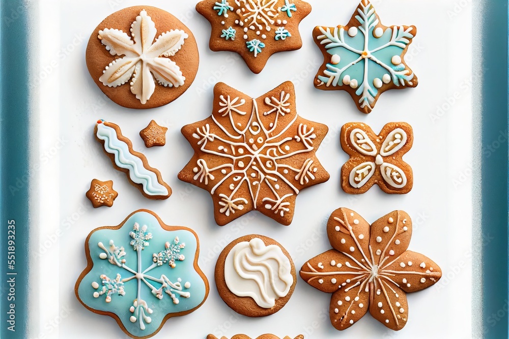 Aufkleber a plate of decorated cookies on a table top with frosting on them and snowflakes on the top. generat