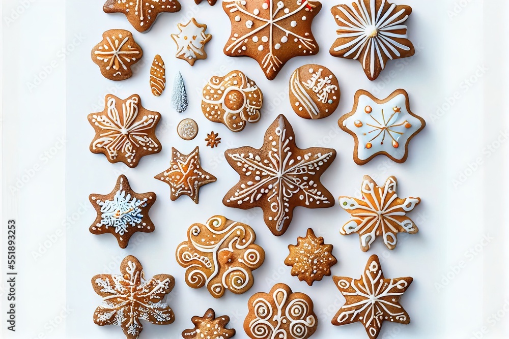 Poster a white plate topped with lots of different types of cookies and cookies cutters on top of each othe
