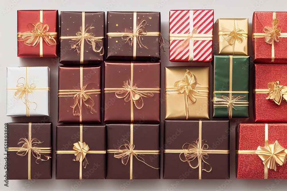 Poster a group of wrapped presents sitting next to each other on a table with gold ribbon and bows on them.