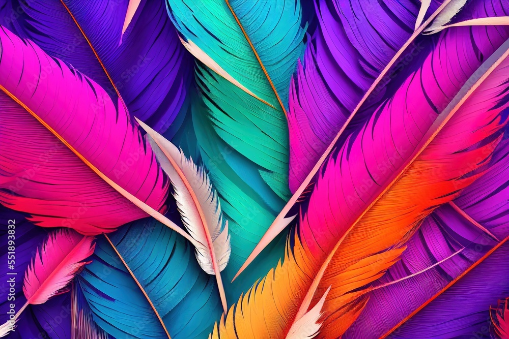 Poster a colorful background with many different colored feathers on it's sides and a black background with