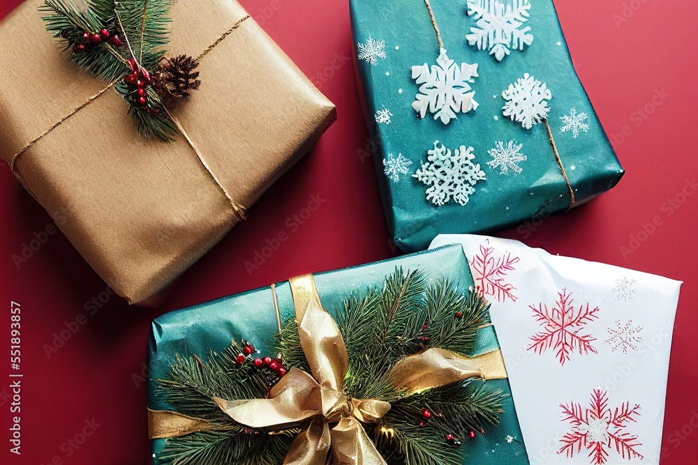 Poster three wrapped presents with bows and ribbons on a red surface with snowflakes and pine cones on them