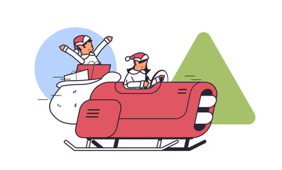 elves driving sleigh car with gifts merry christmas happy new year winter holidays celebration concept greeting card