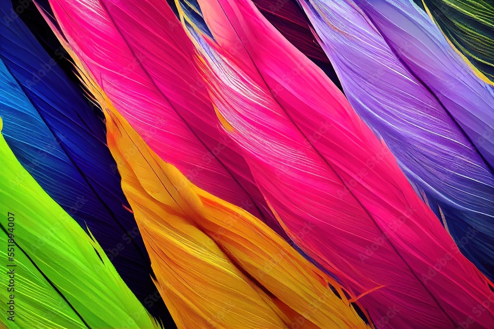 Poster a group of colorful feathers with different colors of them in a row on a black background with a whi