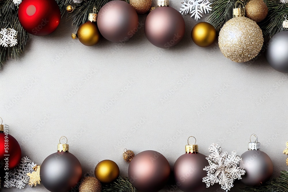 Poster a christmas tree with ornaments and snowflakes on it's branches and a white background with a place 