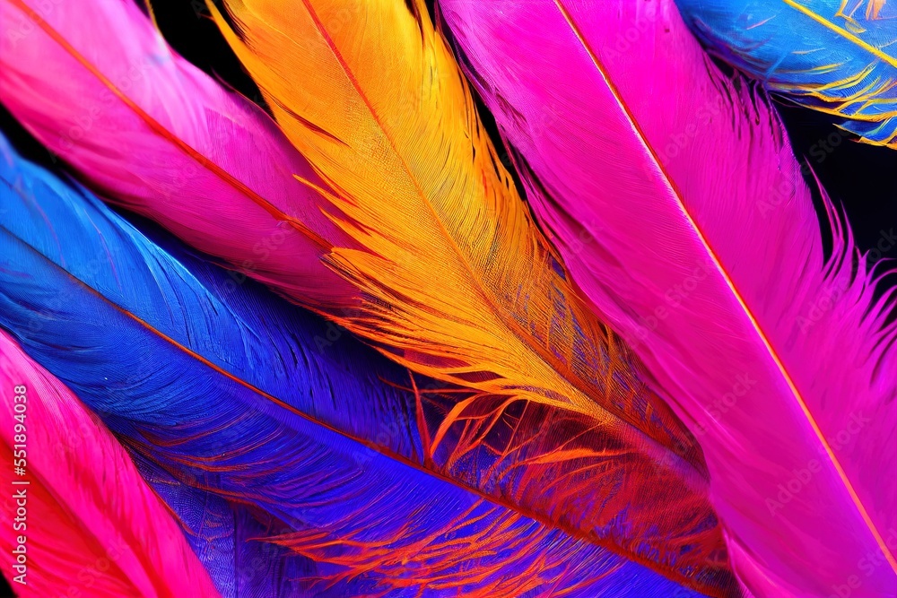Poster a close up of a colorful feather on a black background with a black background and a red. generative