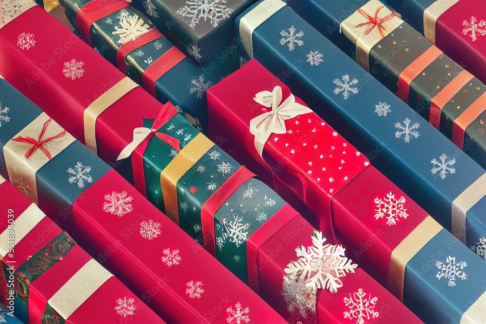 Poster a group of wrapped presents with snowflakes on them and bows on them. generative ai