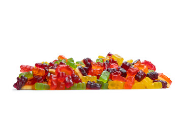 Assorted colorful gummy candies. Top view. Jelly donuts. Jelly bears. Isolated on a white background.