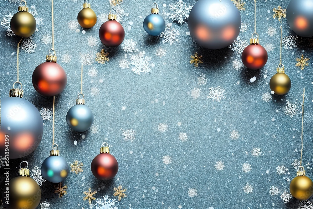 Aufkleber a group of christmas ornaments hanging from strings on a blue background with snowflakes and snow fl