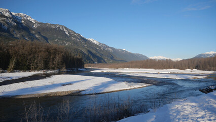 Winter landscape of the Eagle Run dike in Brackendale, Squamish, British Columbia, Canada