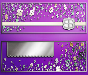 Money background with silver dollar signs and a large dollar sign with silver ribbon and a silver plate for text. Set of money banners, envelopes. Empty space leaves room for design elements or text.