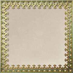 Gold 3d frame. Color background with gold beautiful, patterned frame. The ornate, color frame. Cut out of a color paper pattern.  Design Template.