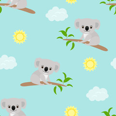 Cute koalas seamless pattern. Babies background with funny koala bear on tree branch, sun and cloud on blue. Vector cartoon flat illustration.