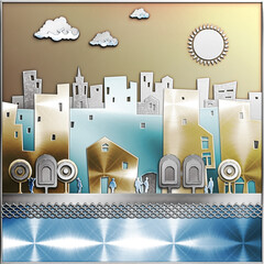 Golden city. Illustration of a metal city at summer day, with buildings, trees and sun in the background. Empty space leaves room for design elements or text. Urban city Background. Banner.