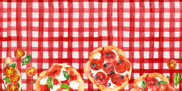 Italian traditional small pizza fritta with mozzarella, basil and tomatoes. Watercolor hand painted illustration seamless border for menu design, print, social media.