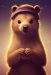 Funny adorable portrait headshot of cute groundhog. North American land animal standing facing front. Looking towards camera. Mystery light art illustration. Vertical artistic poster.