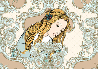 Portrait of a woman inspired by a painting by Renaissance artist Botticelli. Seamless pattern, background In baroque, rococo, victorian, renaissance style. Vector illustration
