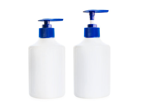 Two white bottle of liquid soap with a blue pump dispensers. Open and closed position. Isolated png with transparency