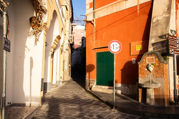 beautiful italian island procida famous for its colorful marina, tiny narrow streets and many...