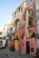 beautiful italian island procida famous for its colorful marina, tiny narrow streets and many...