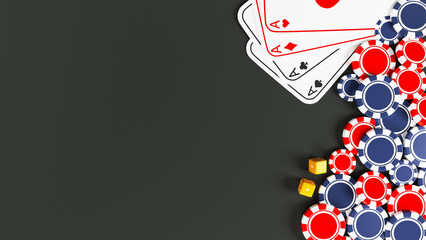 3D Render Top View Of Aces Cards With Golden Dices, Casino Chips And Copy Space On Black Background.