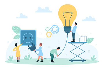 Energy, electricity supply and maintenance support service vector illustration. Cartoon tiny people holding plug by cord to connect with socket, electric power and innovation for light bulb connection