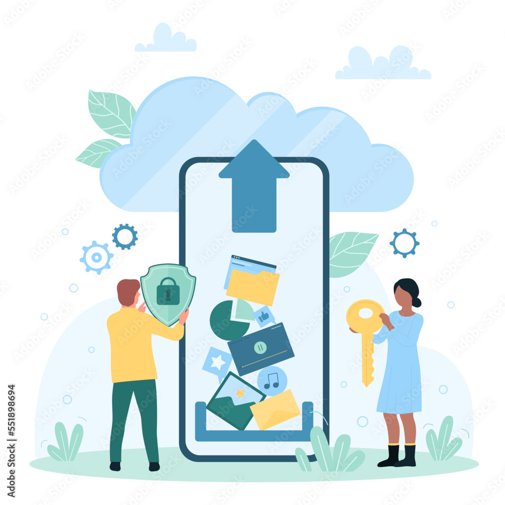 Poster data files upload to cloud storage vector illustration. cartoon tiny people uploading video and pict