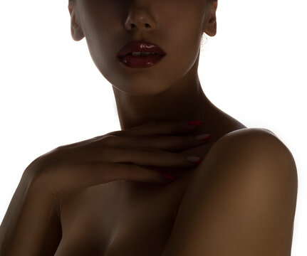Close-up bauty face of young pretty model woman with nude makeup, healthy skin