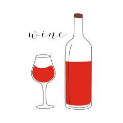 Wine illustration line art. Bottle and glass with wine isolated on white background. Red wine vector illustration. eps10