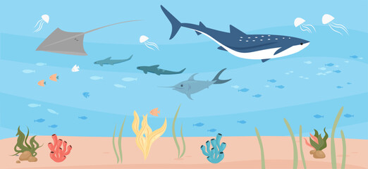 Ocean underwater world with coral, reef, and fish vector illustration. Under the sea background, marine underwater life landscape