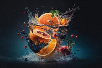 Fruits splashing deep into water on a dark background closeup shot generative AI artwork that doesn't exist in real life.
